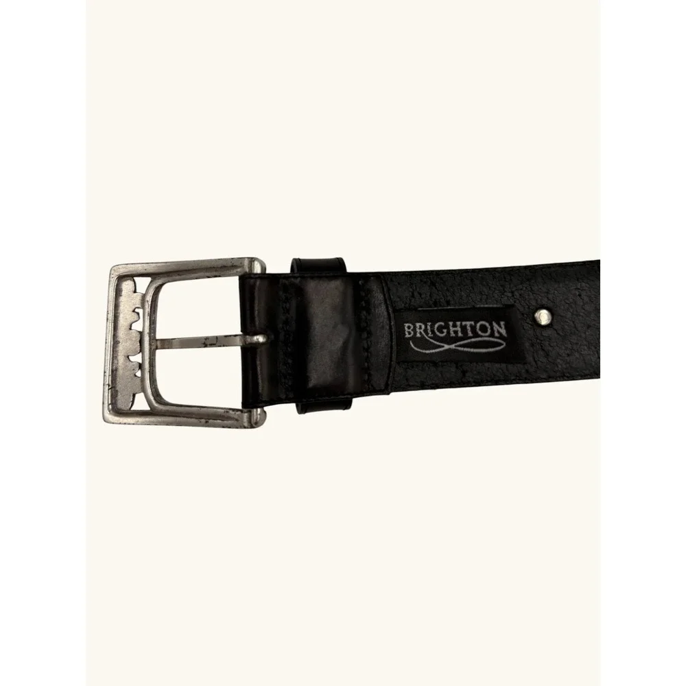Brighton Black Leather Belt Silver Heart Scroll Ornate Western Made in USA M